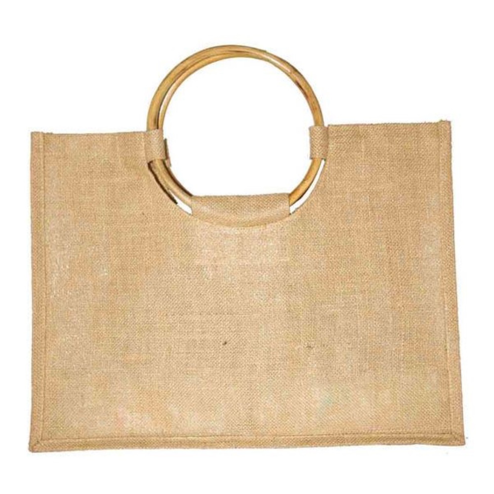 Jute Burlap Tote Bag With Round Cane Handles